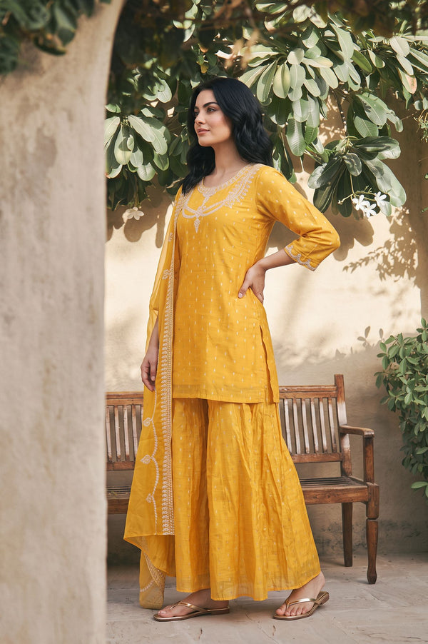 Yellow Zari Embroidered Straight Kurta sharara set for women