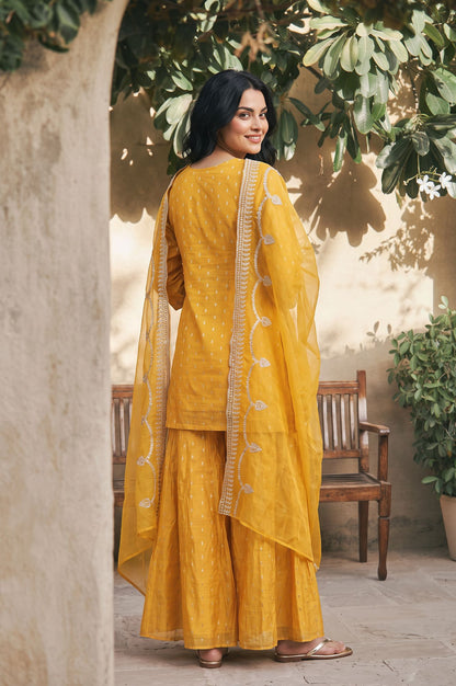 Yellow Zari Embroidered Straight Kurta with Sharara and Dupatta Set