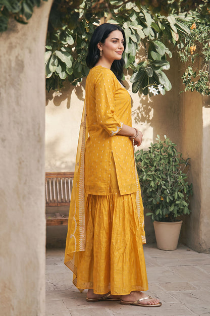 Yellow Zari Embroidered Straight Kurta with Sharara and Dupatta Set