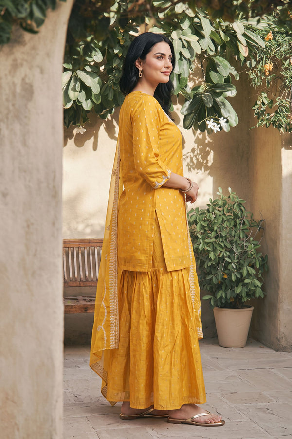 Yellow Zari Embroidered Straight Kurta sharara set for women