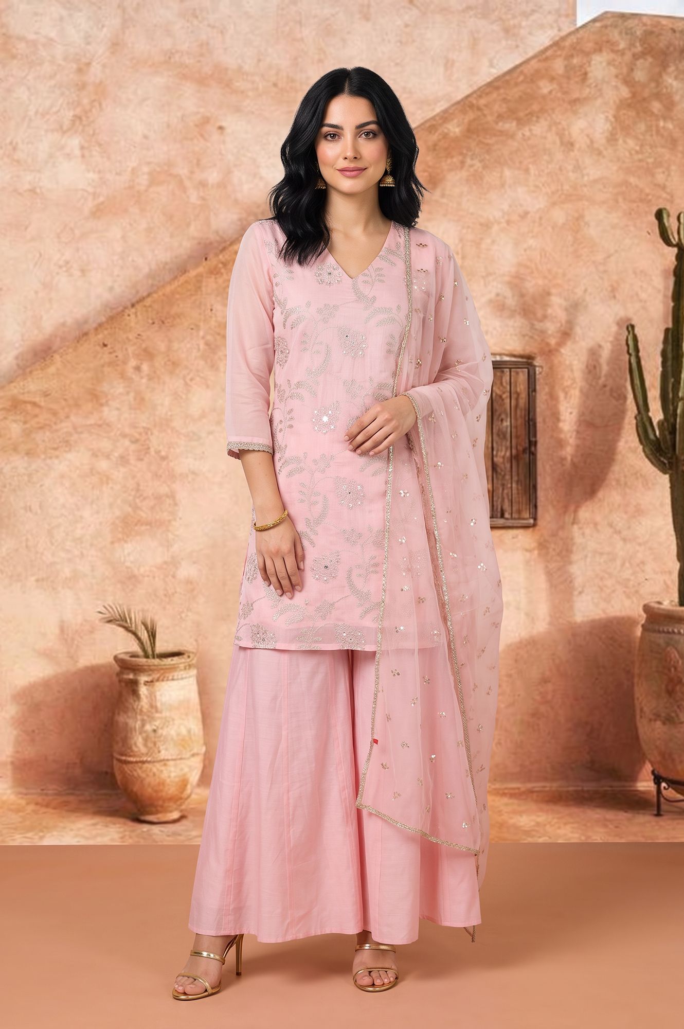 Pink Zari Embroidered Chanderi Straight Kurta with Sharara and Dupatta Set