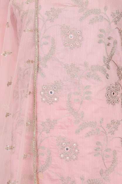 Pink Zari Embroidered Chanderi Straight Kurta with Sharara and Dupatta Set