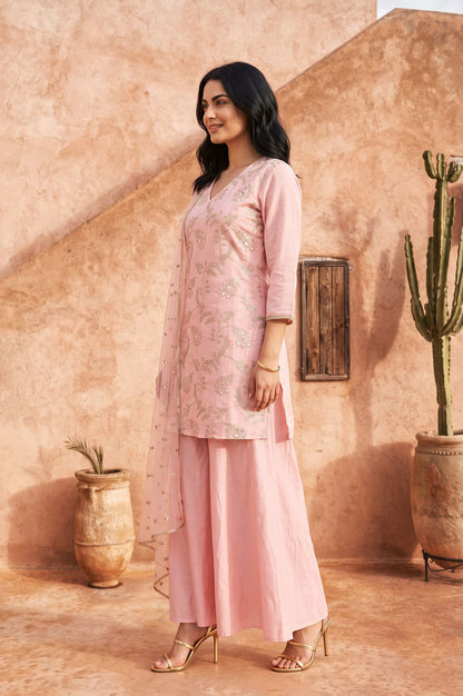Pink Zari Embroidered Chanderi Straight Kurta with Sharara and Dupatta Set