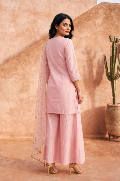 Pink Zari Embroidered Chanderi Straight Kurta with Sharara and Dupatta Set