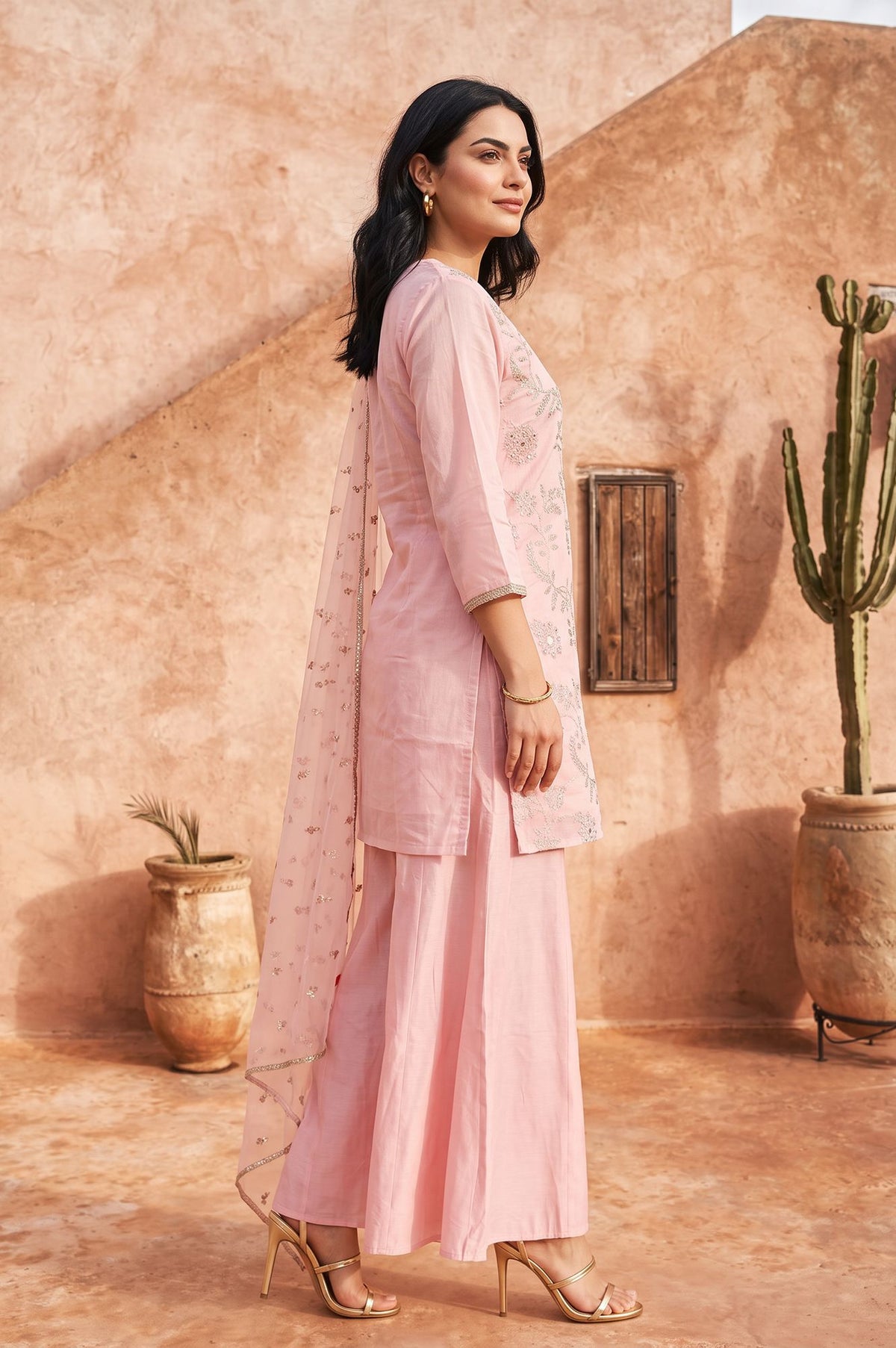 Pink Zari Embroidered Chanderi Straight Kurta with Sharara and Dupatta Set