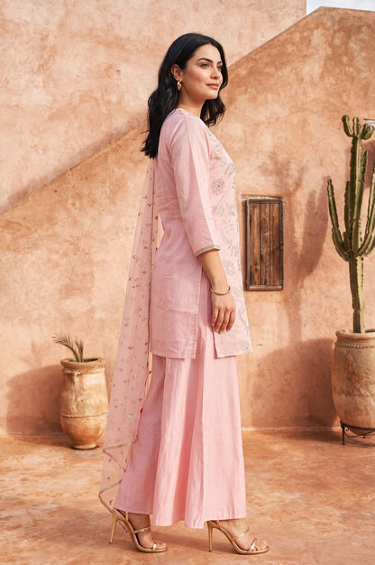 Pink Zari Embroidered Chanderi Straight Kurta with Sharara and Dupatta Set