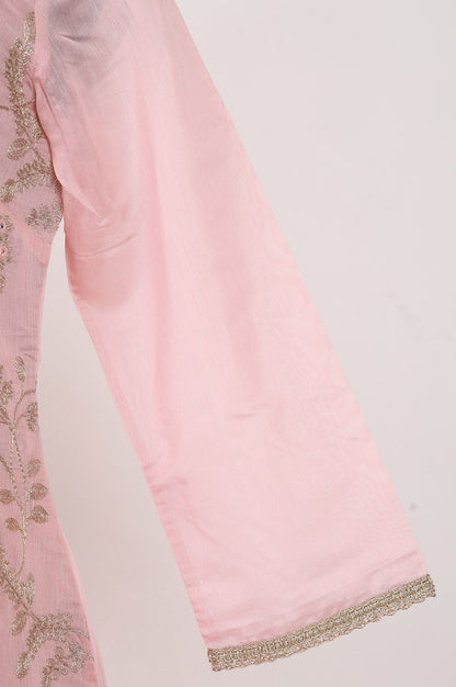 Pink Zari Embroidered Chanderi Straight Kurta with Sharara and Dupatta Set