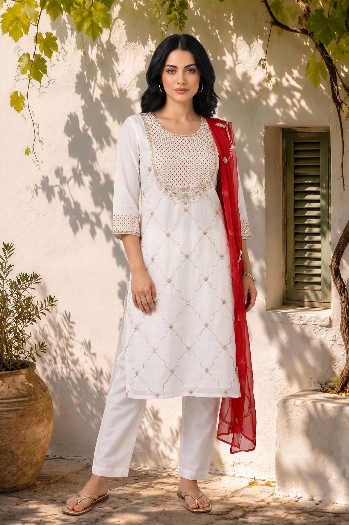 Off White Thread Embroidered Chanderi Straight Kurta with Pants and Dupatta Set