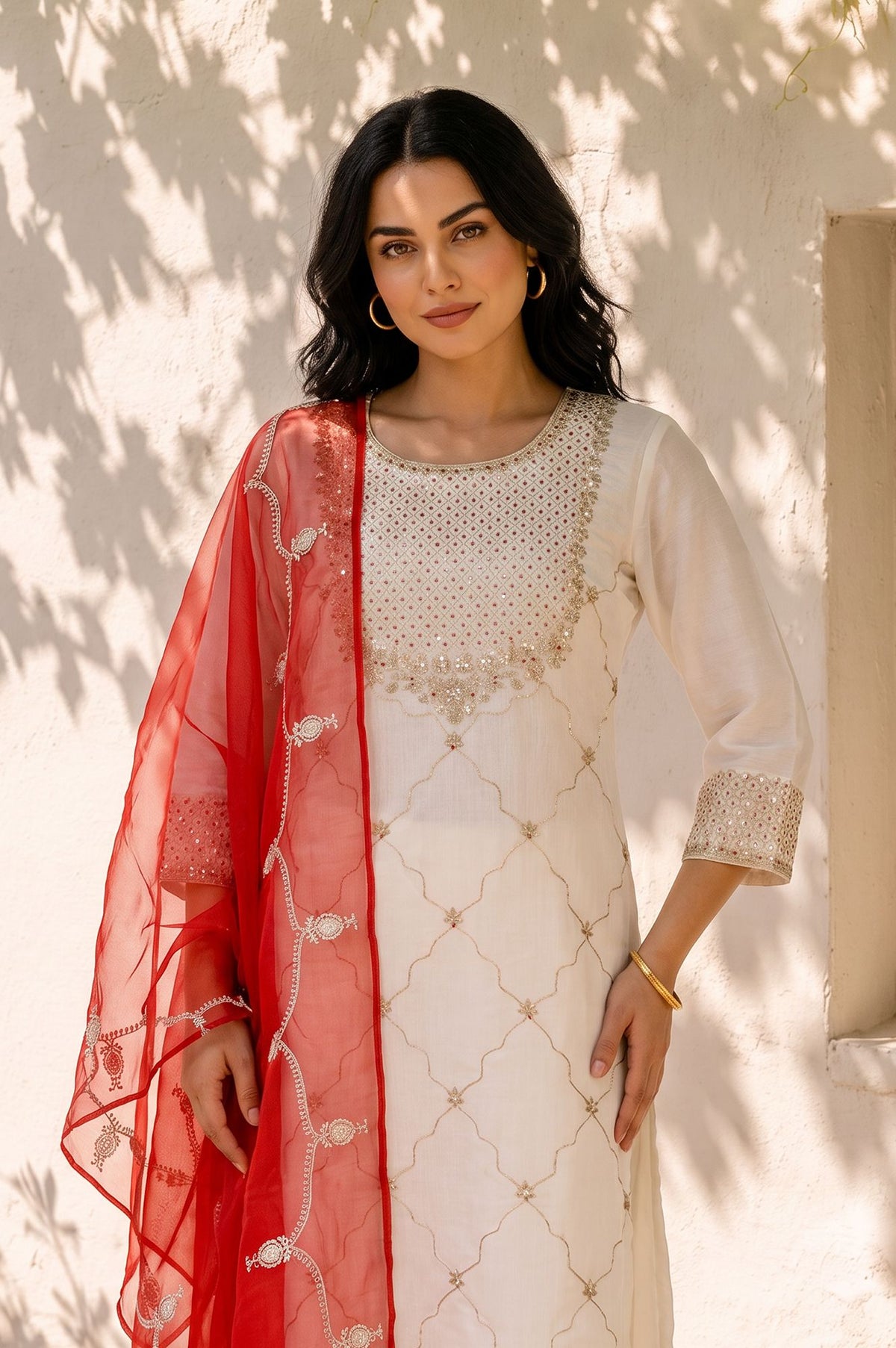 Off White Thread Embroidered Chanderi Straight Kurta with Pants and Dupatta Set