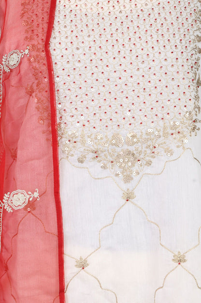 Off White Thread Embroidered Chanderi Straight Kurta with Pants and Dupatta Set