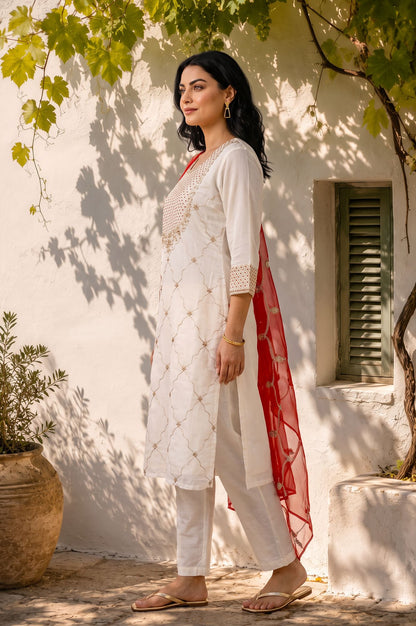Off White Thread Embroidered Chanderi Straight Kurta with Pants and Dupatta Set