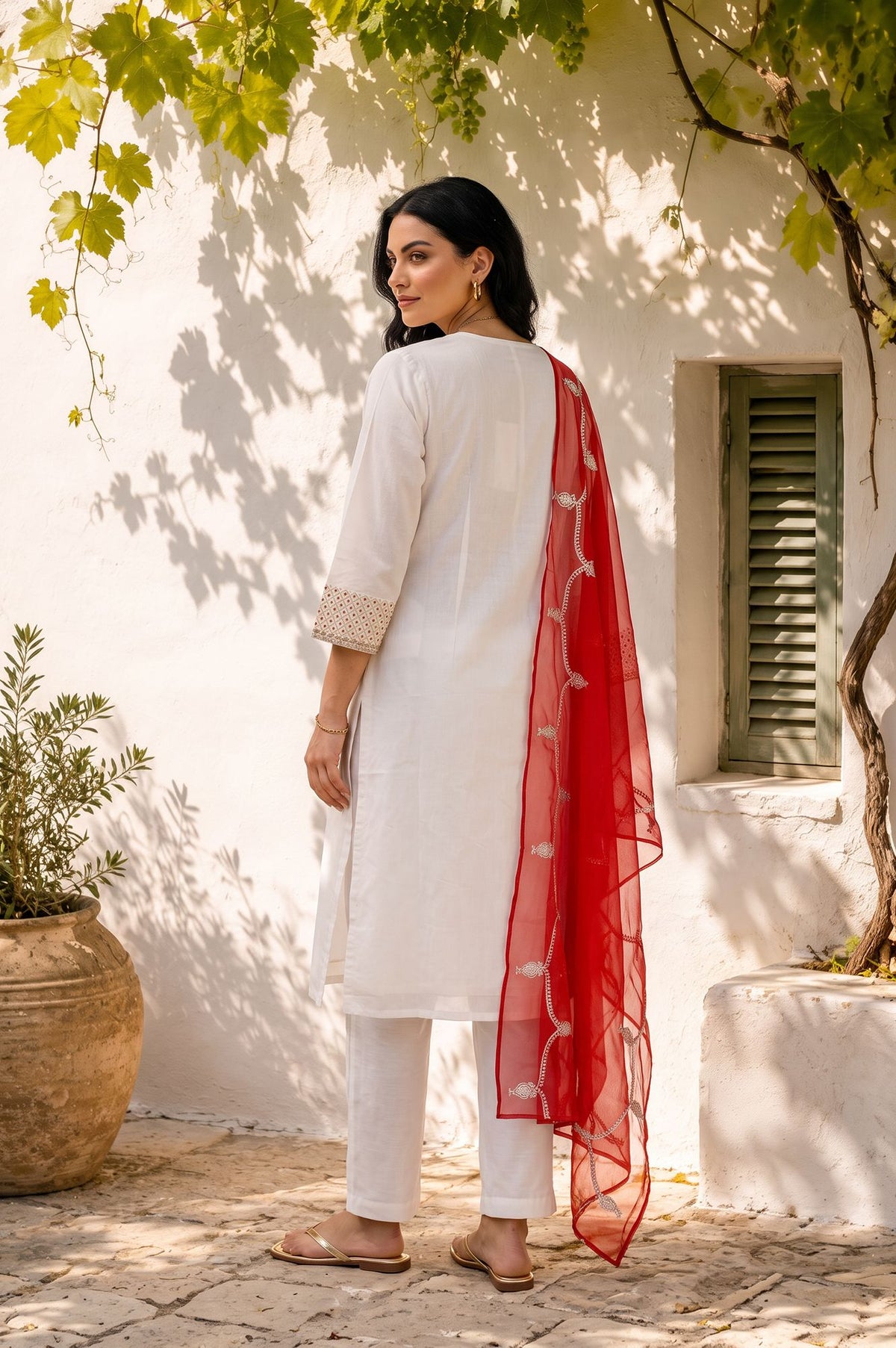 Off White Thread Embroidered Chanderi Straight Kurta with Pants and Dupatta Set
