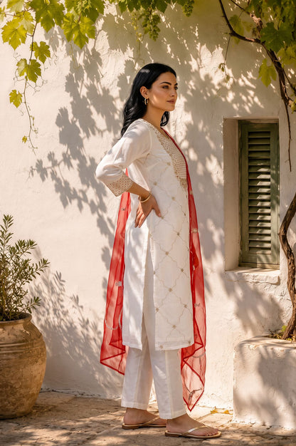 Off White Thread Embroidered Chanderi Straight Kurta with Pants and Dupatta Set