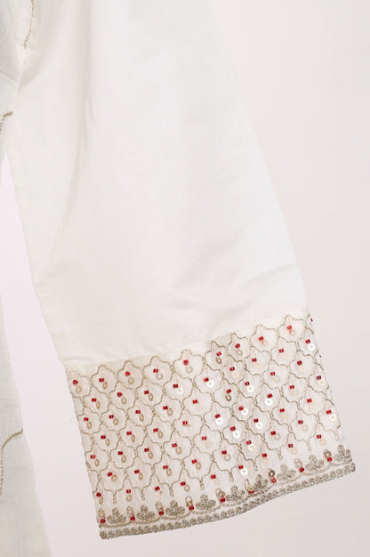 Off White Thread Embroidered Chanderi Straight Kurta with Pants and Dupatta Set