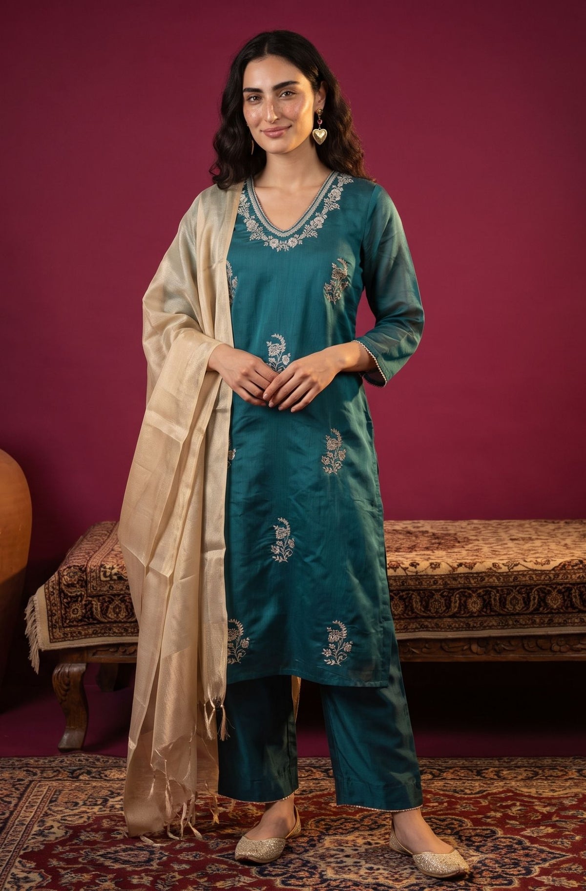 Teal Zari Embroidered Chanderi Straight Kurta with Flared Pants and Dupatta Set