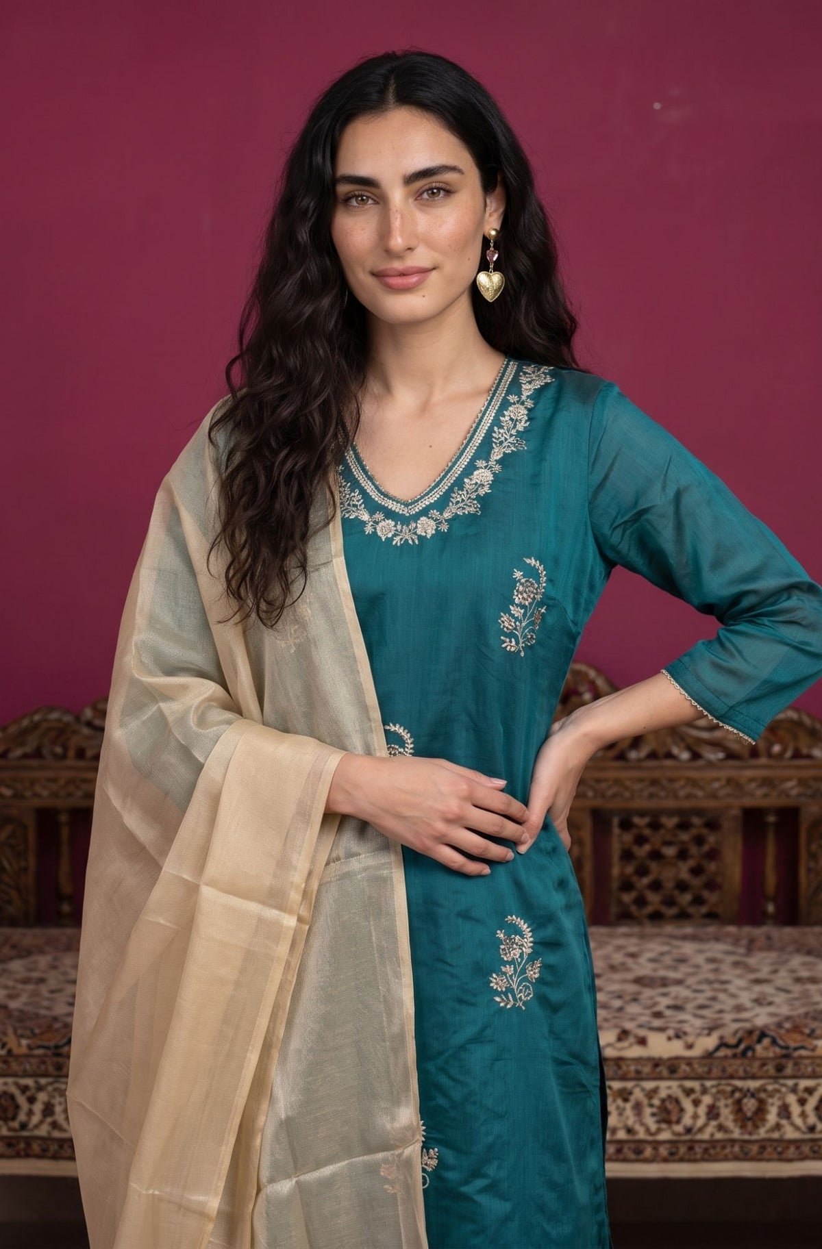 Teal Zari Embroidered Chanderi Straight Kurta with Flared Pants and Dupatta Set