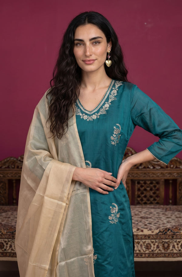 Teal Zari Embroidered Chanderi Straight Kurta with Flared Pants and Dupatta Set