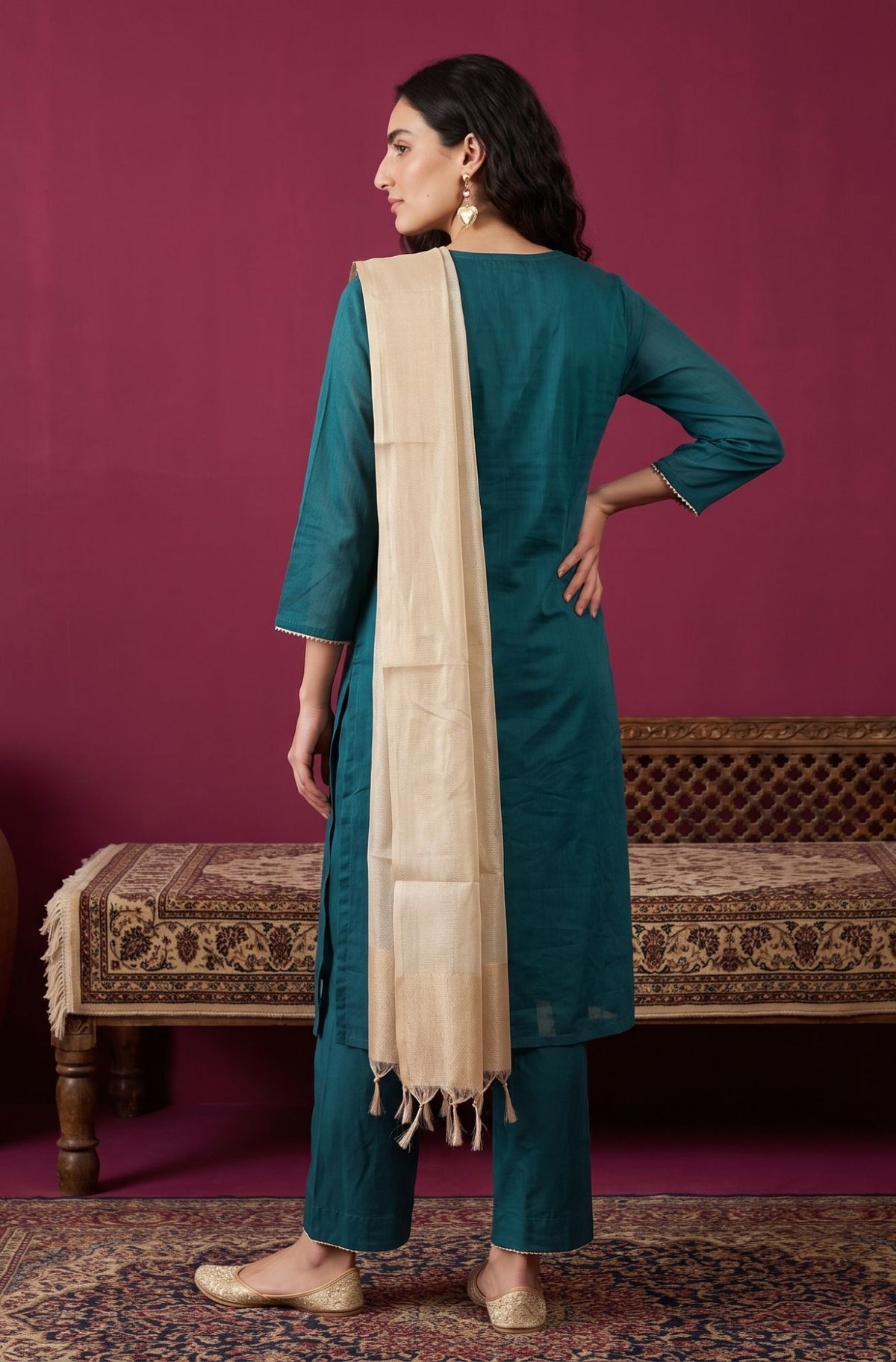 Teal Zari Embroidered Chanderi Straight Kurta with Flared Pants and Dupatta Set