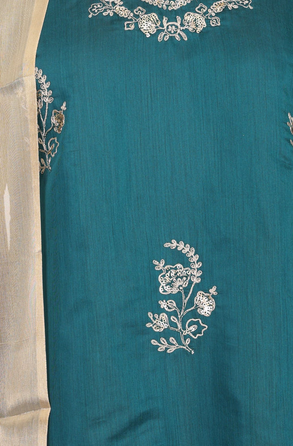 Teal Zari Embroidered Chanderi Straight Kurta with Flared Pants and Dupatta Set