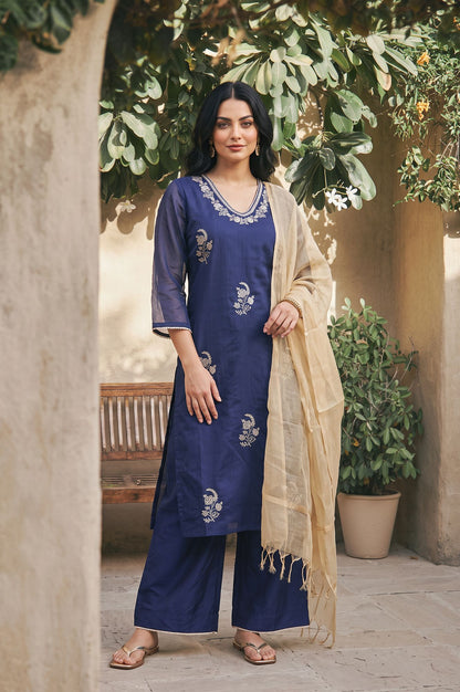 Blue Thread Embroidered Chanderi Straight Kurta with Flared Pants and Dupatta Set