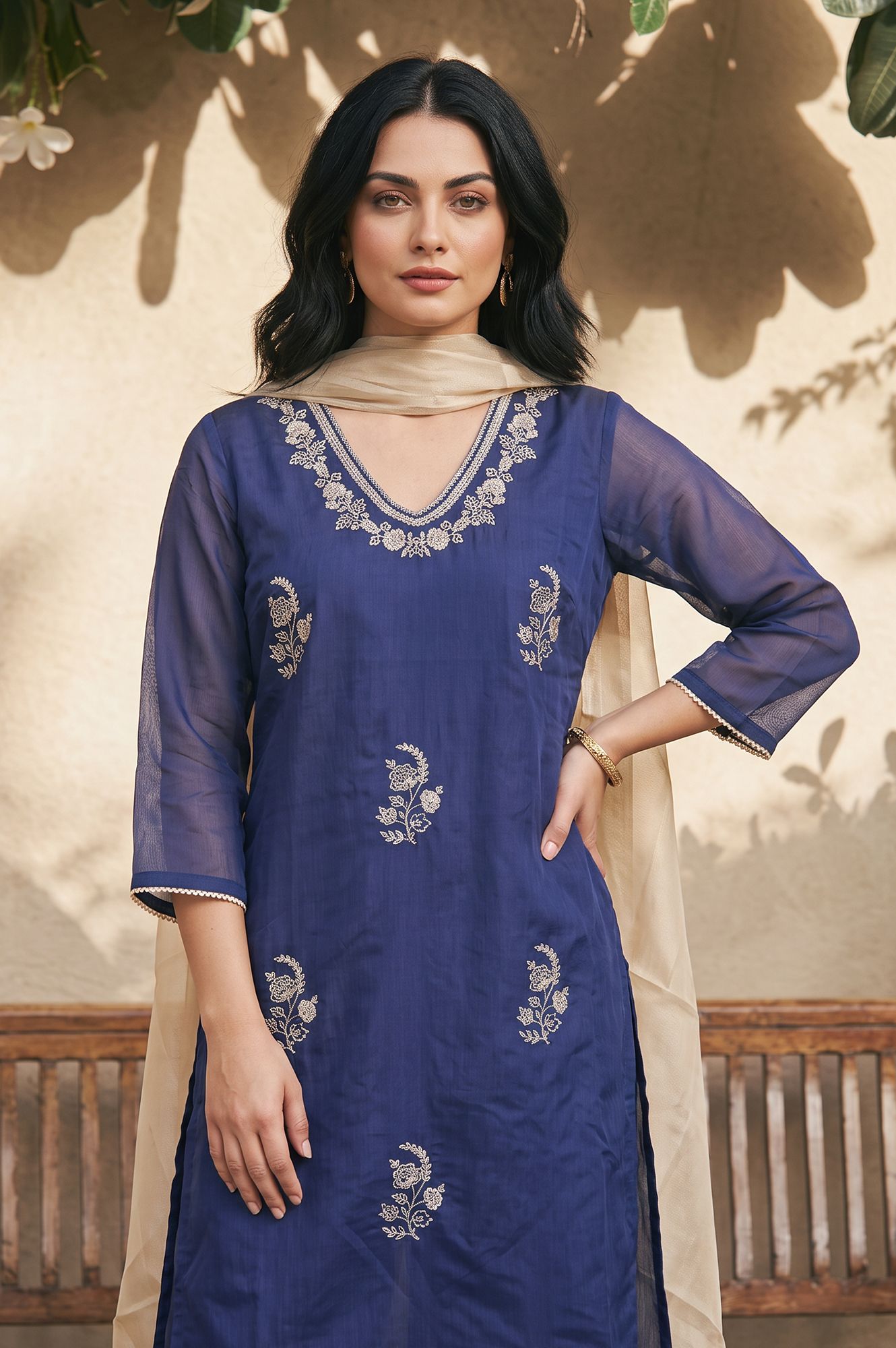Blue Thread Embroidered Chanderi Straight Kurta with Flared Pants and Dupatta Set