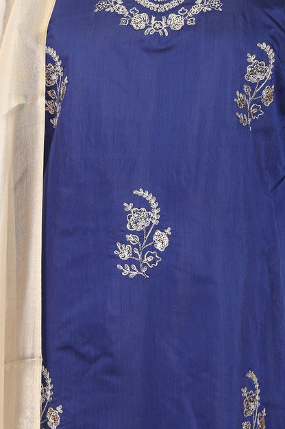 Blue Thread Embroidered Chanderi Straight Kurta with Flared Pants and Dupatta Set