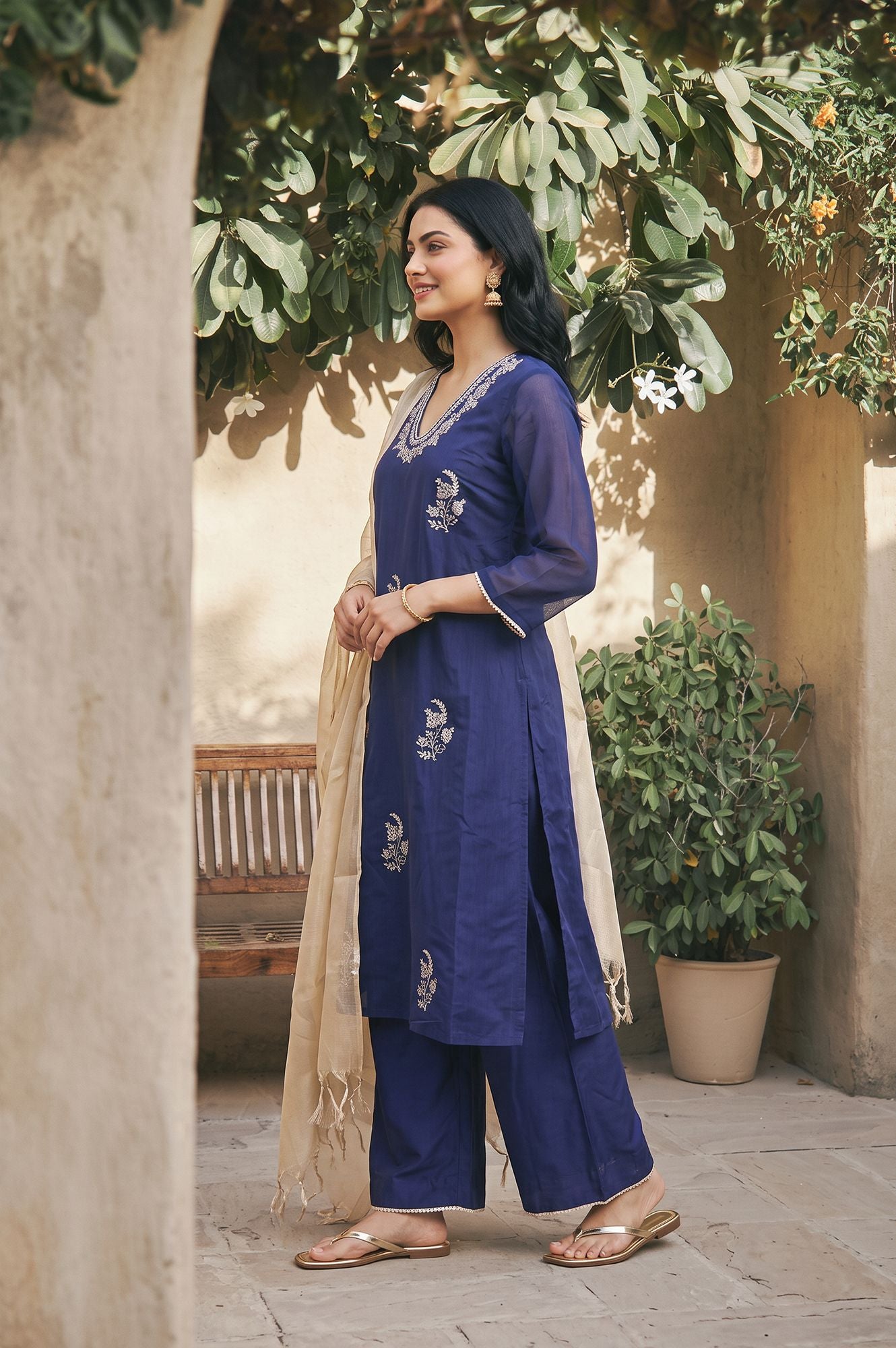 Blue Thread Embroidered Chanderi Straight Kurta with Flared Pants and Dupatta Set