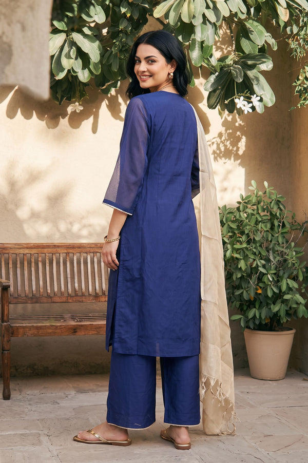 Blue Thread Embroidered Chanderi Straight Kurta with Flared Pants and Dupatta Set
