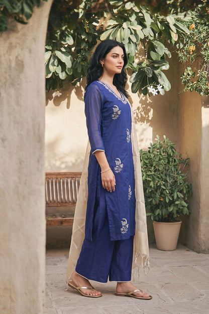 Blue Thread Embroidered Chanderi Straight Kurta with Flared Pants and Dupatta Set