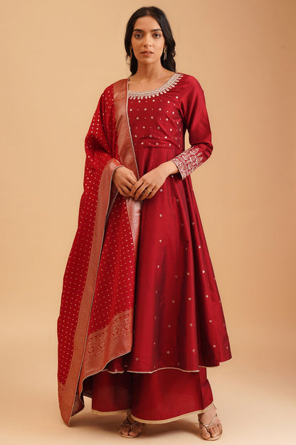 Maroon Sequins Flared Kurta with Flared Pants and Dupatta Set