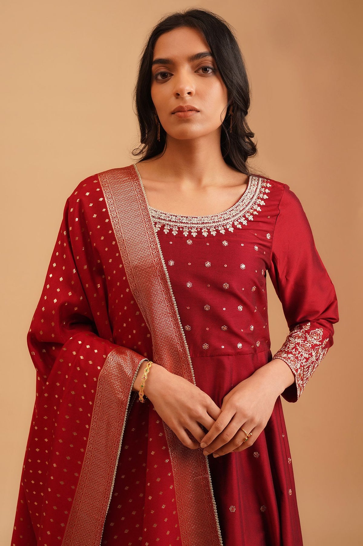 Maroon Sequins Flared Kurta with Flared Pants and Dupatta Set