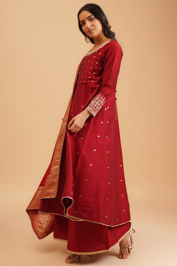 Maroon Sequins Flared Kurta with Flared Pants and Dupatta Set