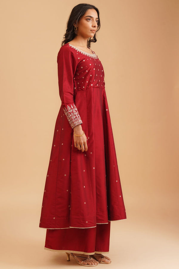 Maroon Sequins Flared Kurta with Flared Pants and Dupatta Set