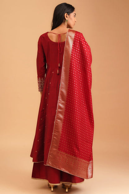 Maroon Sequins Flared Kurta with Flared Pants and Dupatta Set