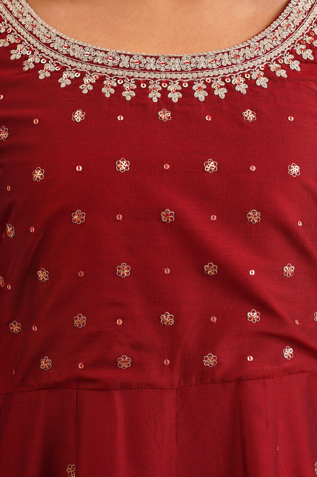 Maroon Sequins Flared Kurta with Flared Pants and Dupatta Set
