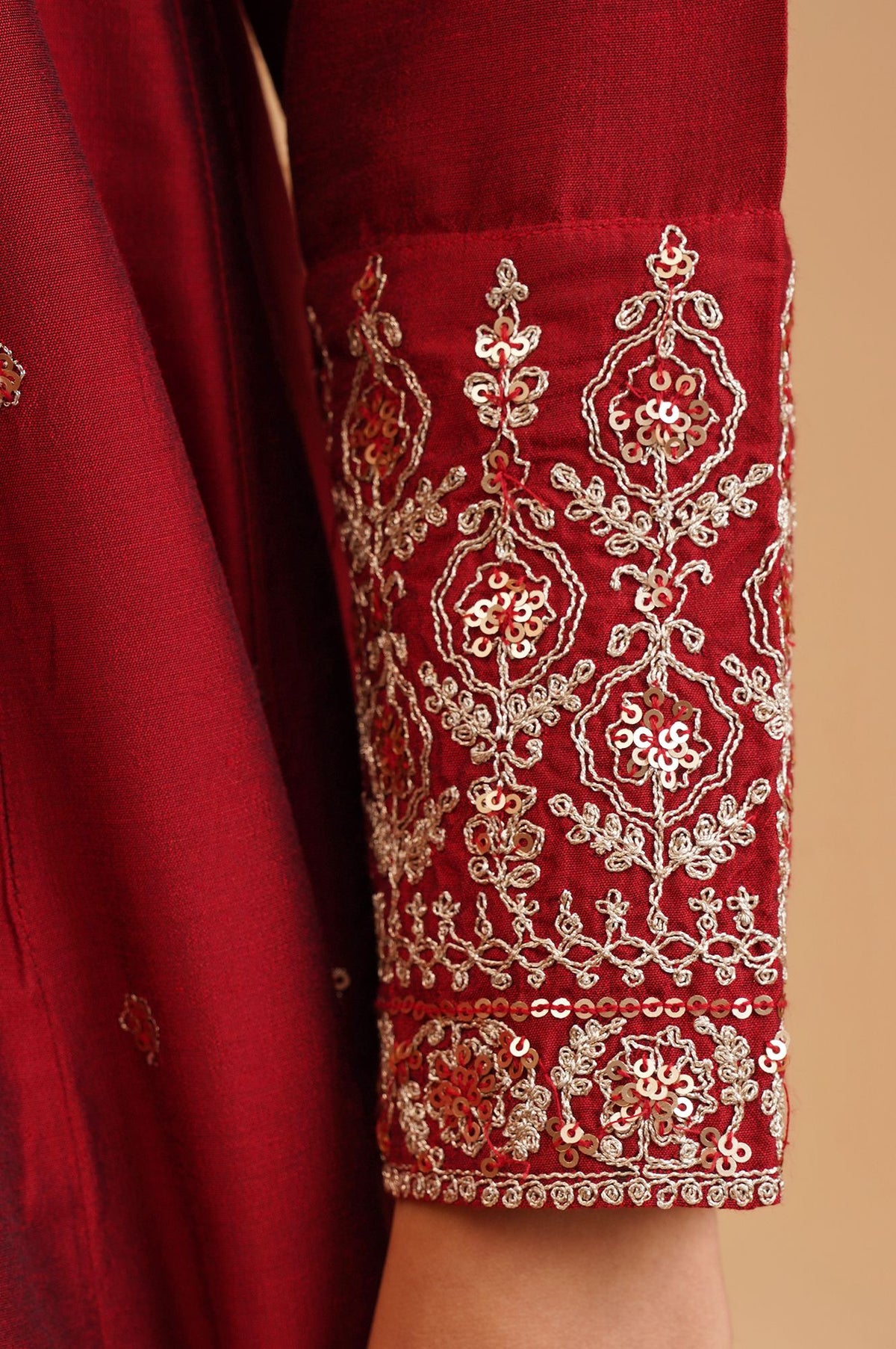Maroon Sequins Flared Kurta with Flared Pants and Dupatta Set