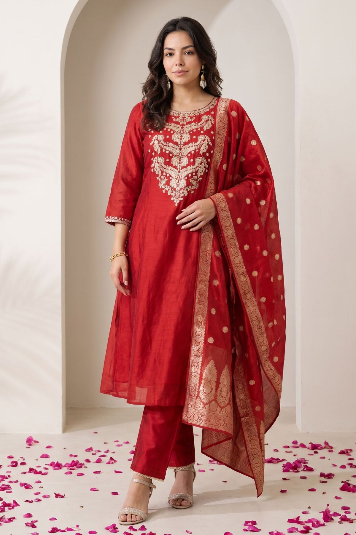 Red Thread Embroidered Chanderi Straight Kurta with Straight Pants and Dupatta Set