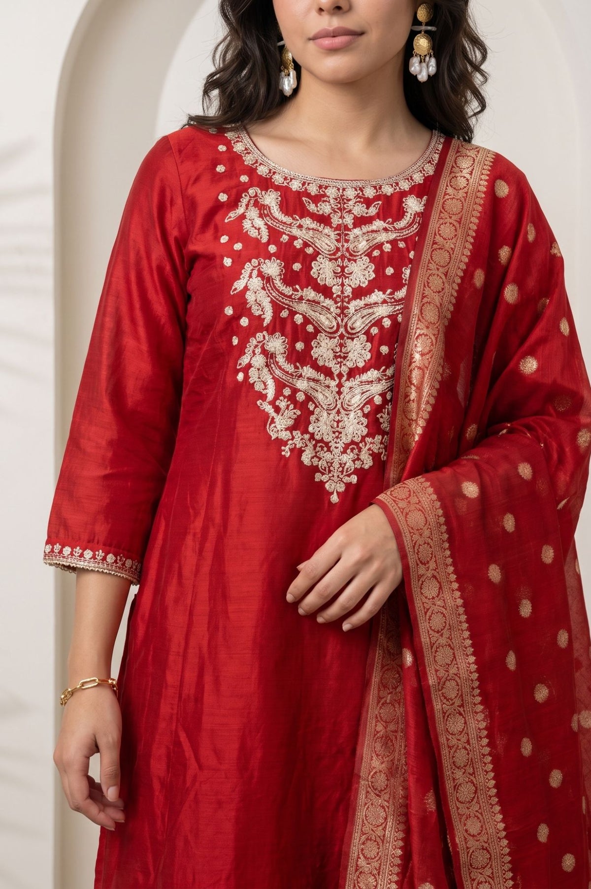 Red Thread Embroidered Chanderi Straight Kurta with Straight Pants and Dupatta Set