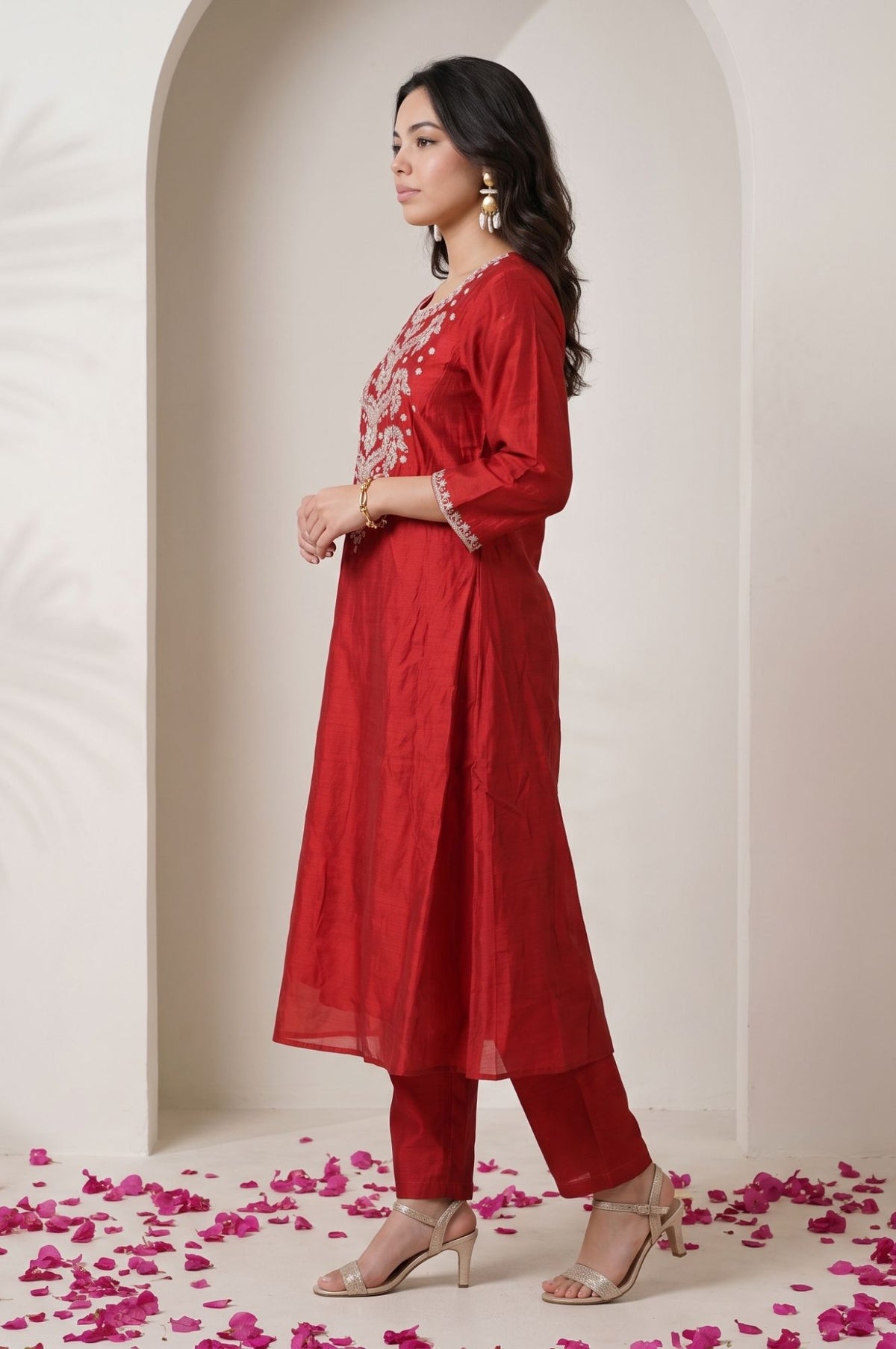 Red Thread Embroidered Chanderi Straight Kurta with Straight Pants and Dupatta Set