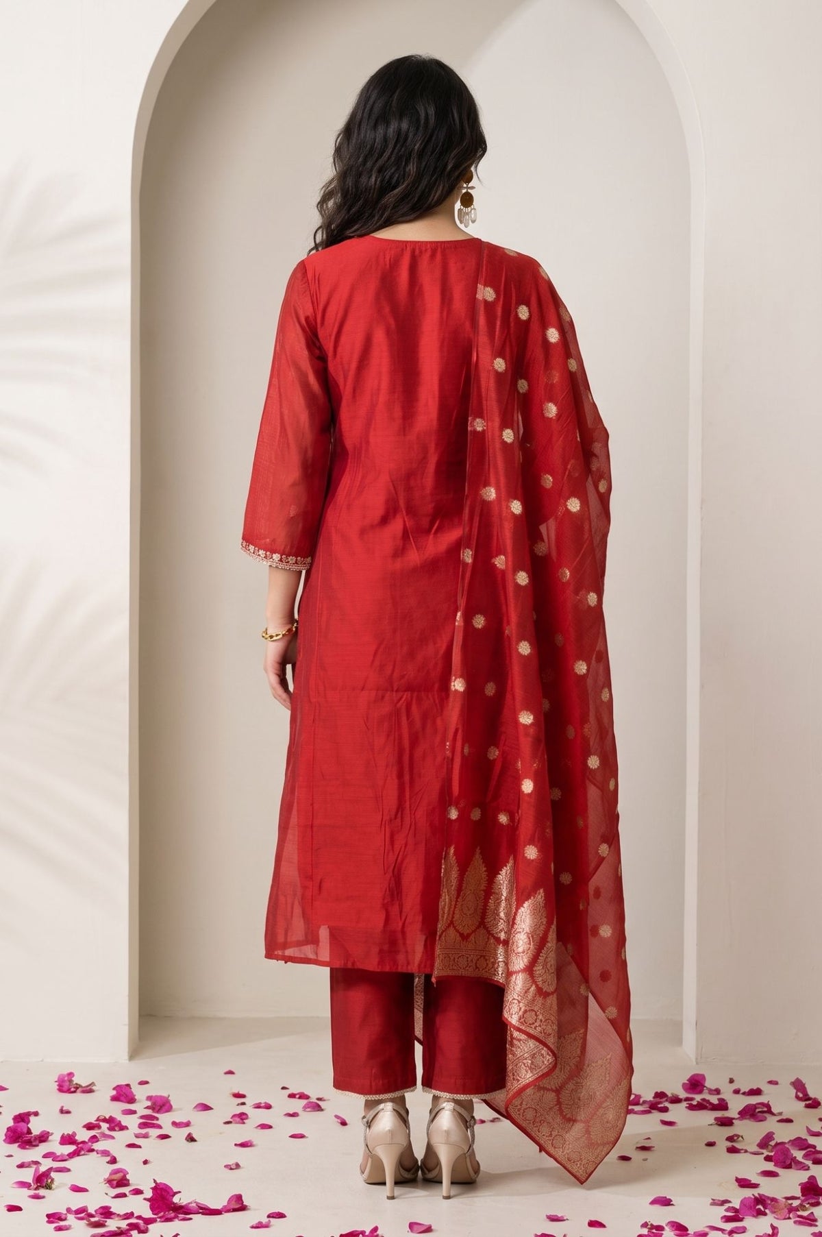Red Thread Embroidered Chanderi Straight Kurta with Straight Pants and Dupatta Set