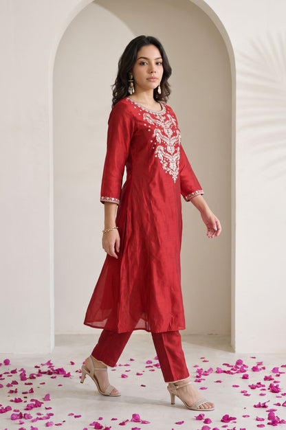 Red Thread Embroidered Chanderi Straight Kurta with Straight Pants and Dupatta Set