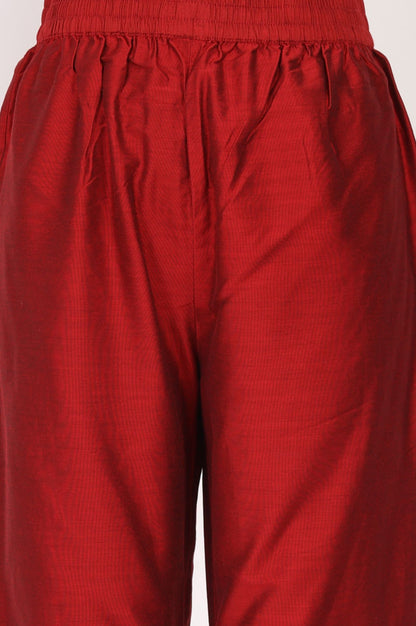 Red Thread Embroidered Chanderi Straight Kurta with Straight Pants and Dupatta Set