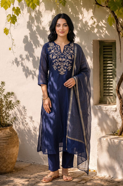 Navy Blue Thread Embroidered Straight Kurta with Pants and Dupatta Set