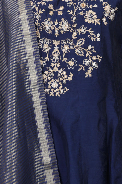 Navy Blue Thread Embroidered Straight Kurta with Pants and Dupatta Set