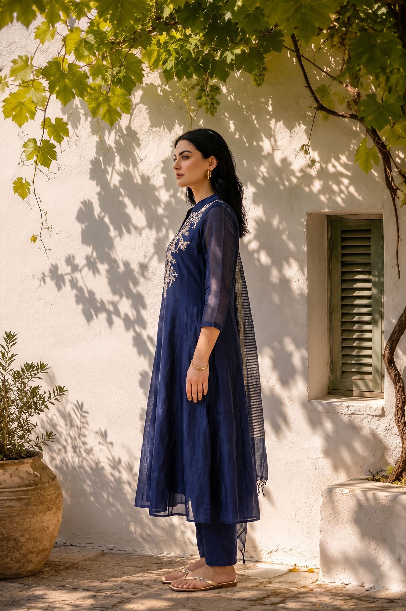 Navy Blue Thread Embroidered Straight Kurta with Pants and Dupatta Set