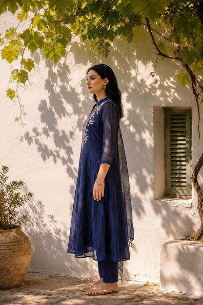 Navy Blue Thread Embroidered Straight Kurta with Pants and Dupatta Set