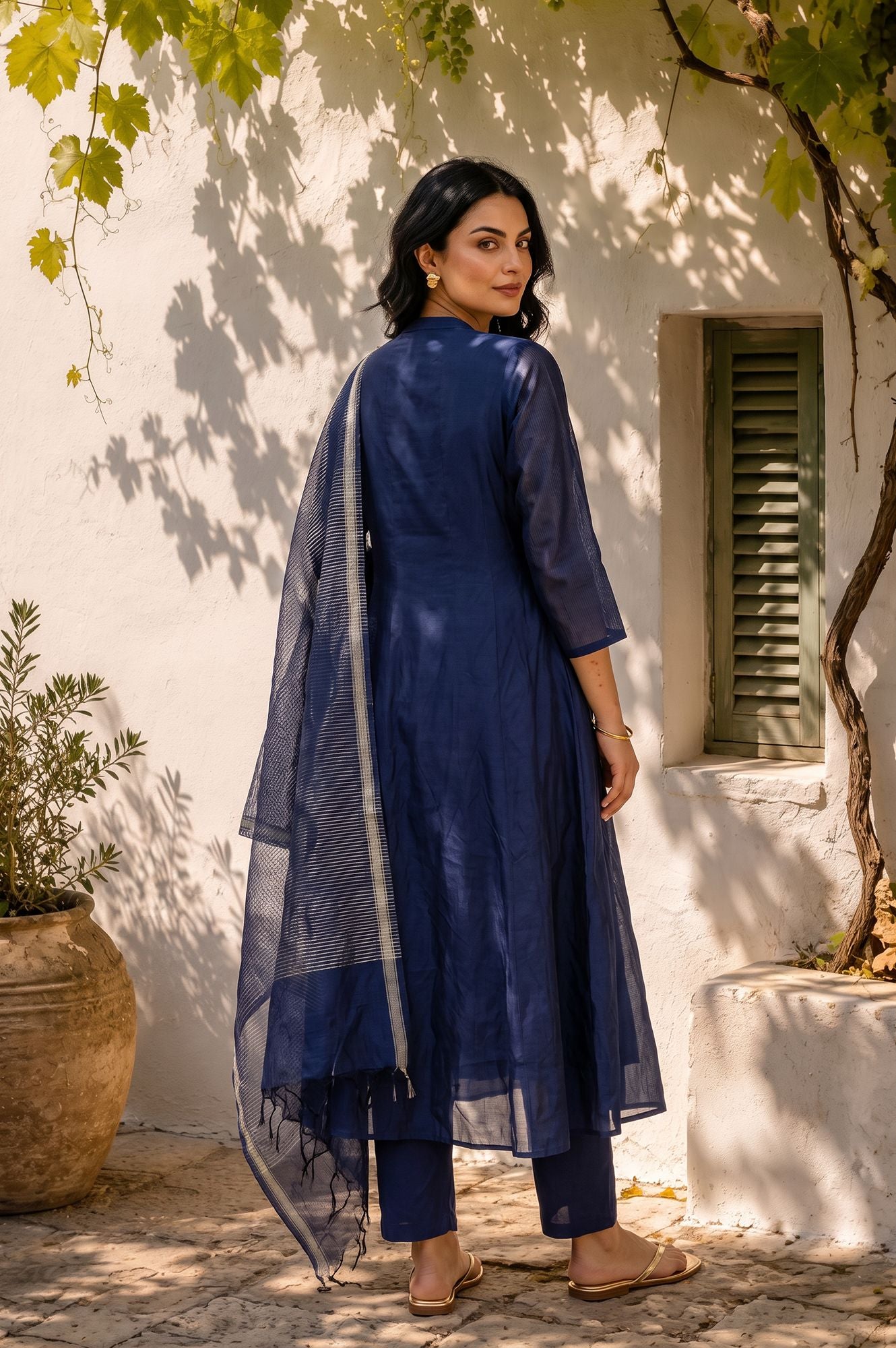 Navy Blue Thread Embroidered Straight Kurta with Pants and Dupatta Set