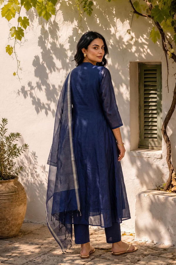 Navy Blue Thread Embroidered Straight Kurta with Pants and Dupatta Set