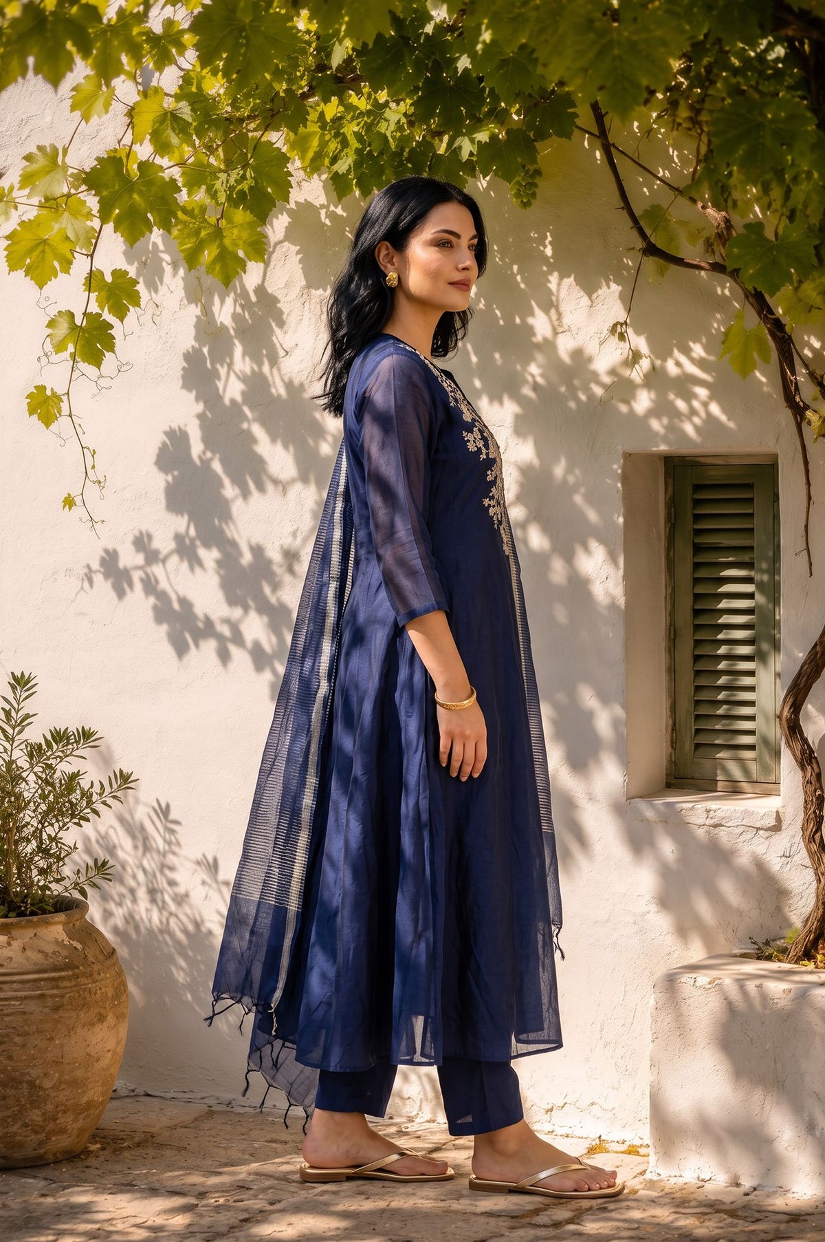 Navy Blue Thread Embroidered Straight Kurta with Pants and Dupatta Set