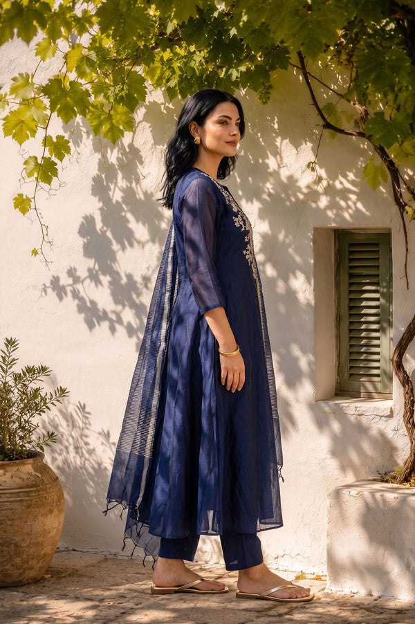 Navy Blue Thread Embroidered Straight Kurta with Pants and Dupatta Set
